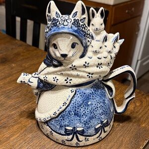 Handcrafted Ceramic Mama Rabbit Teapot in Blue and Cream